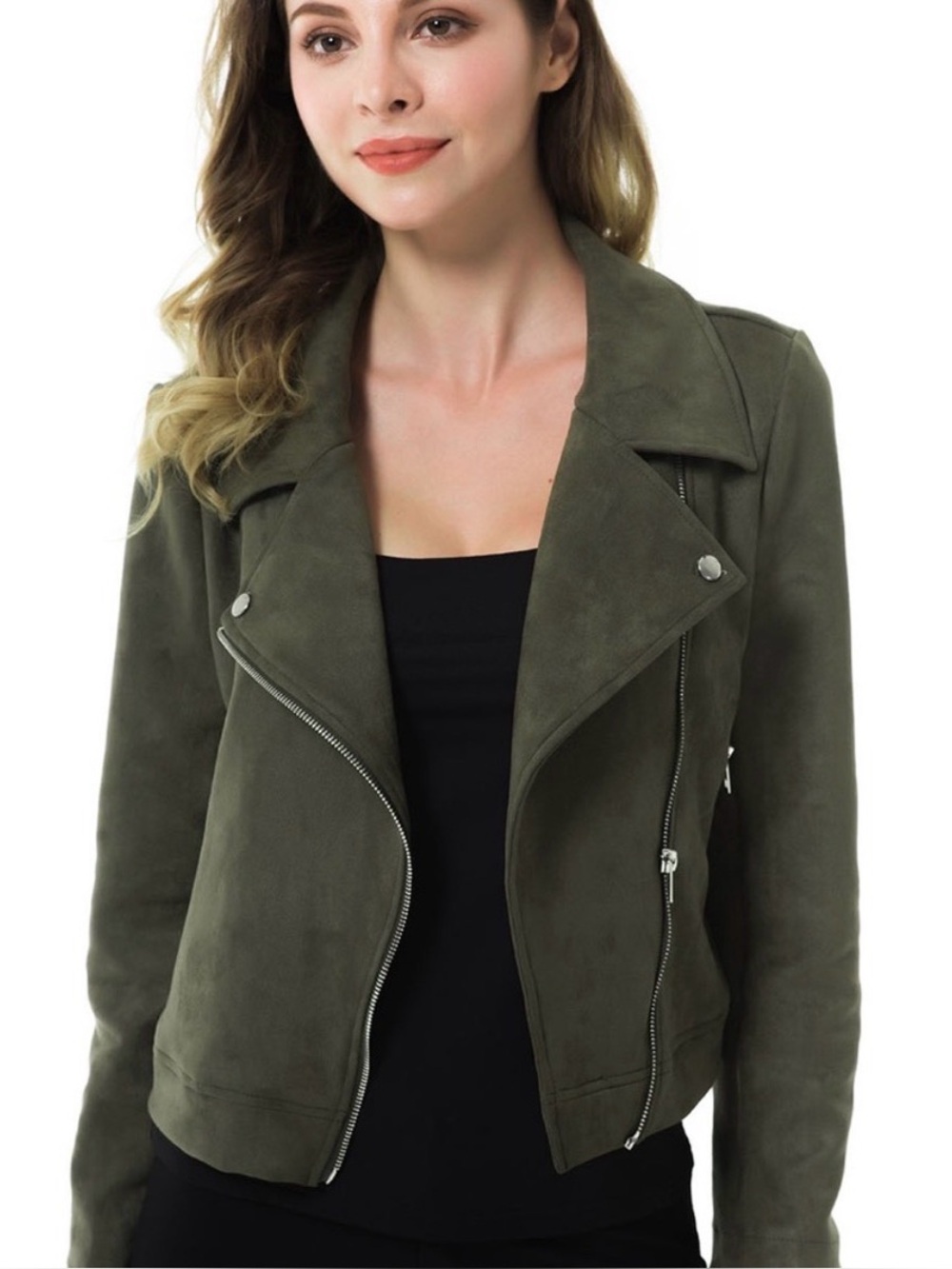 Apperloth Womens Large Green Biker Moto Jacket Full Zip Zipper Accents Lined EUC